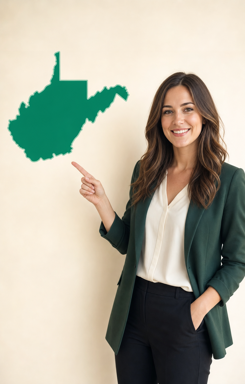 Attractive female real estate agent pointing at the state of West Virginia